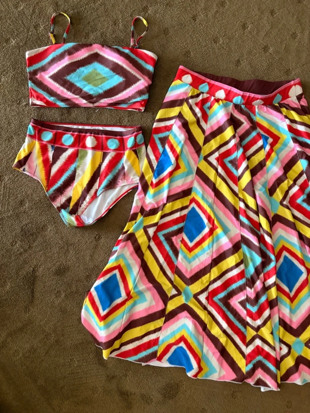 Colorful Geometric Bikini Set with Matching Skirt